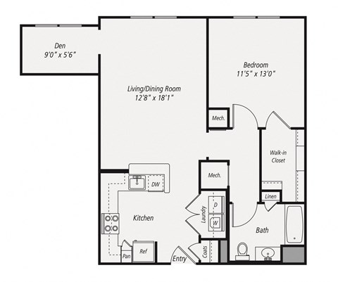 Floor plan for 1 bed, 1 bath, 812 sqft